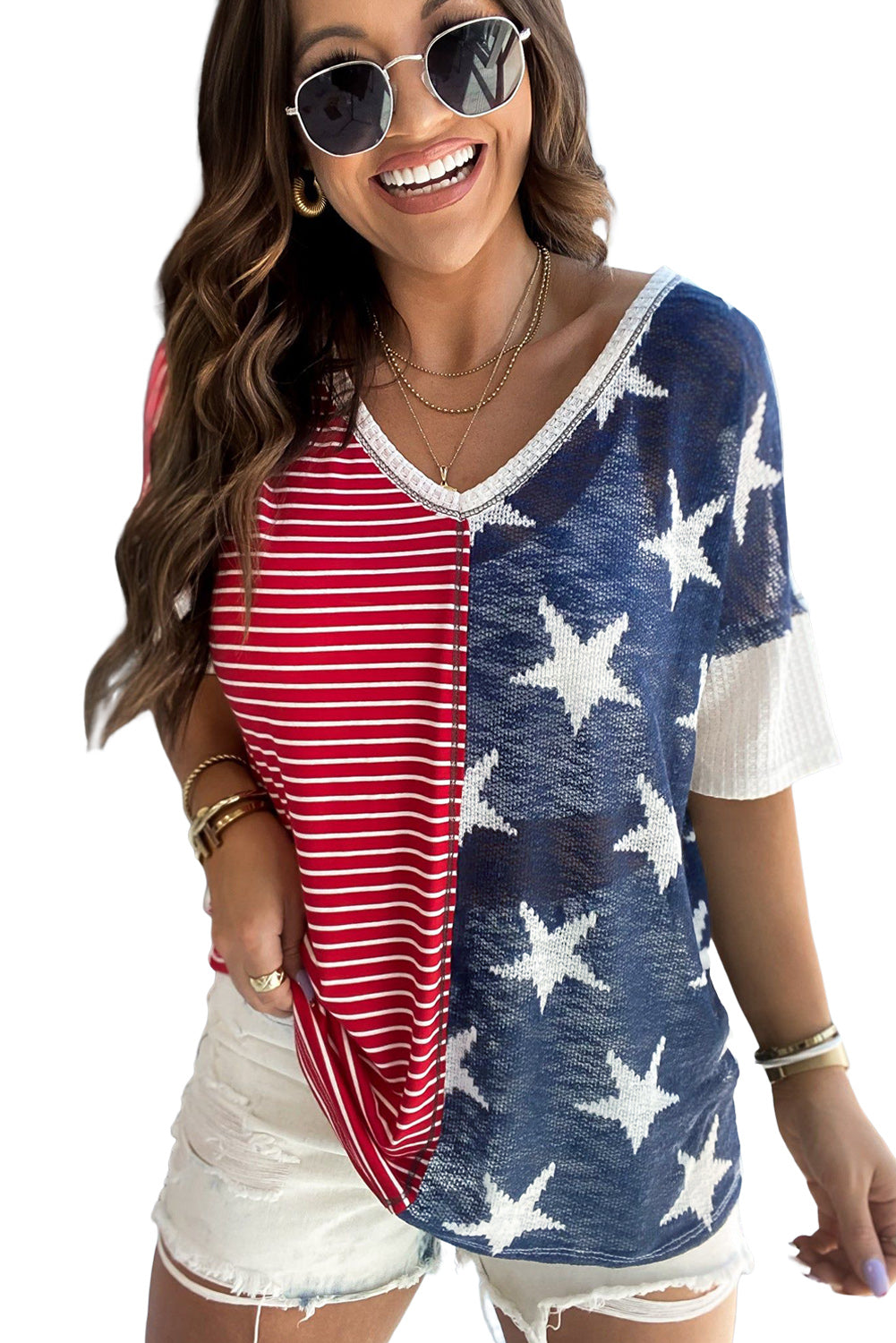 Blue Striped Stars Print V-Neck Tee