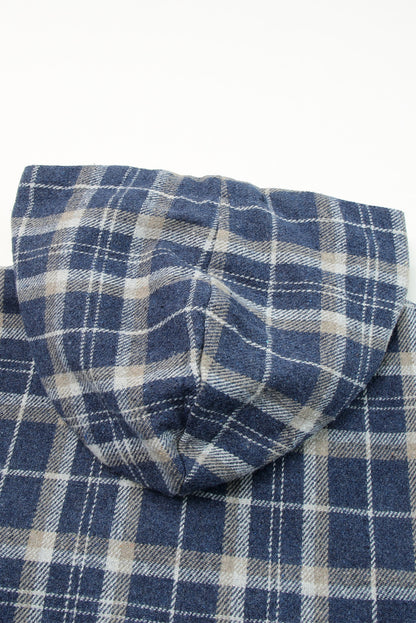 Blue Snap Button Sherpa Lined Hooded Flannel Jacket