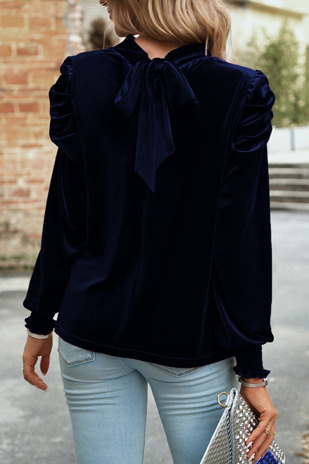 Peach Blossom Mock Keyhole Neck Puff Sleeve Velvet Blouse