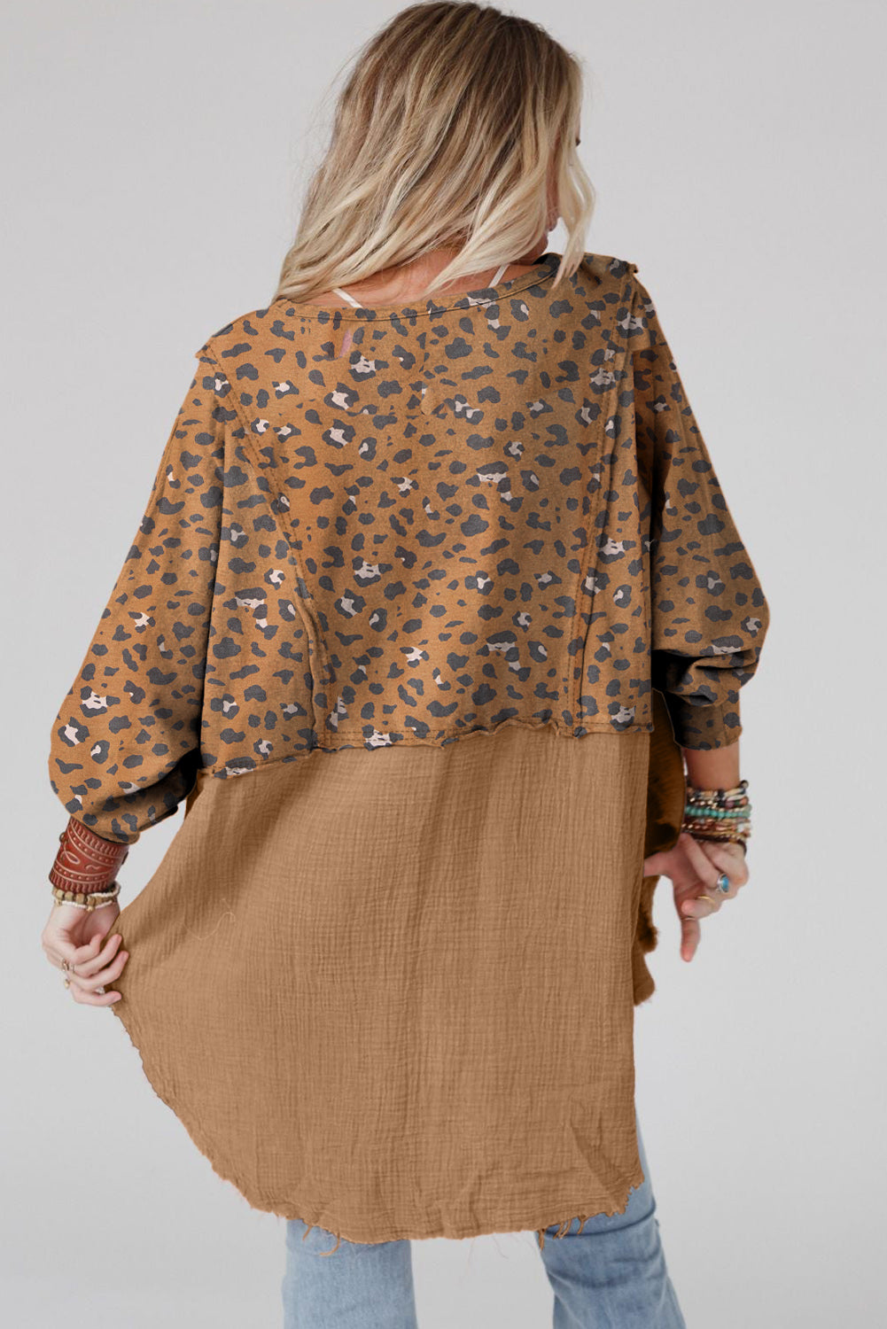 Gray Raw Edge Leopard Patchwork Oversized Blouse