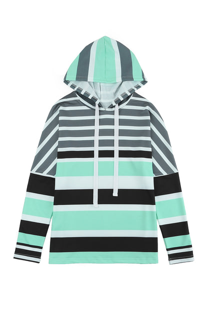 Blue Striped Color Block Drawstring Long Sleeve Hoodie