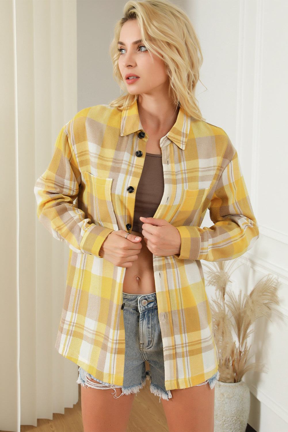 Pink Long Sleeve Collar Button Up Flannel Shacket