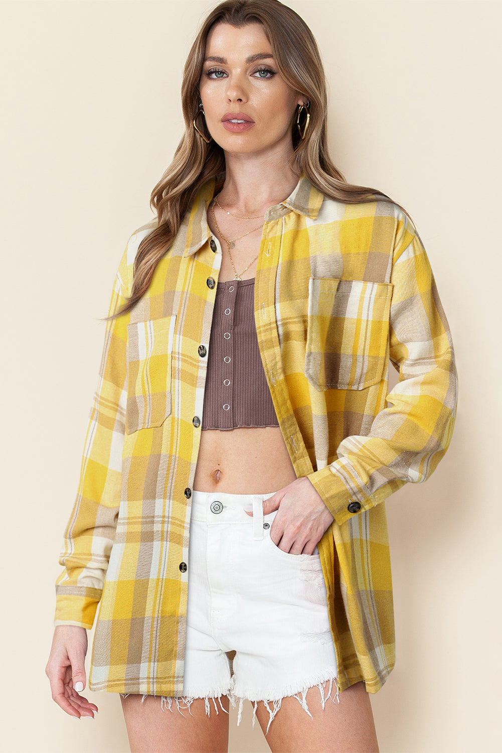 Pink Long Sleeve Collar Button Up Flannel Shacket