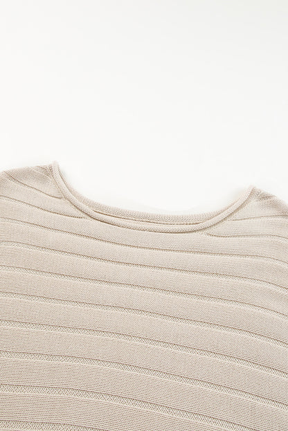 Apricot Solid Color Ribbed Knit 3/4 Sleeve Pullover Sweater