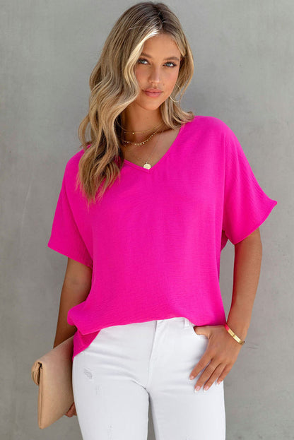 Pink Solid V Neck Textured Short Sleeve Plain Blouse