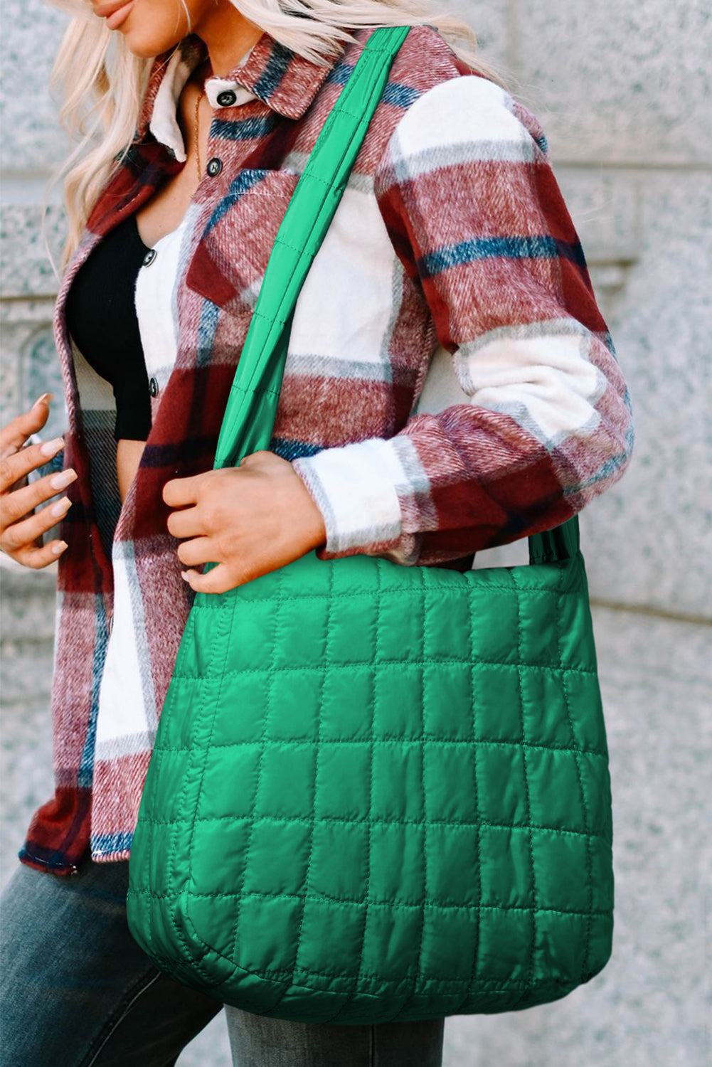 Coffee Casual Quilted Zipper Large Shoulder Bag