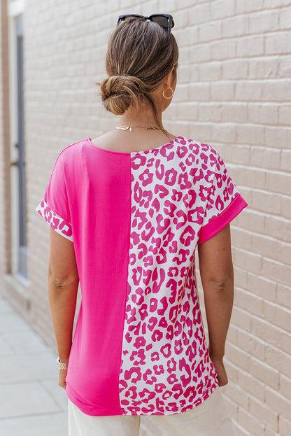 Leopard Color Block Casual Tee with Rolled Sleeves