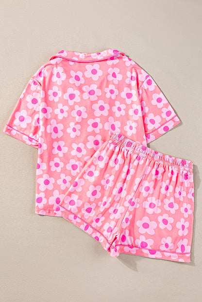 Orange Flower Print Buttoned Shirt and Drawstring Waist Pajama Set
