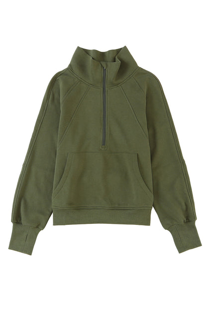 Brown Stand Collar Thumbhole Sleeve Sweatshirt