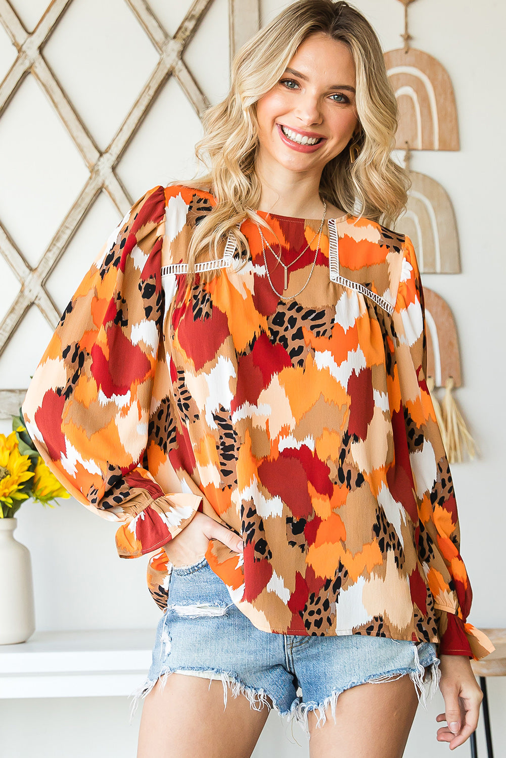 Multicolor Abstract Print Ruffle Puff Sleeve Blouse