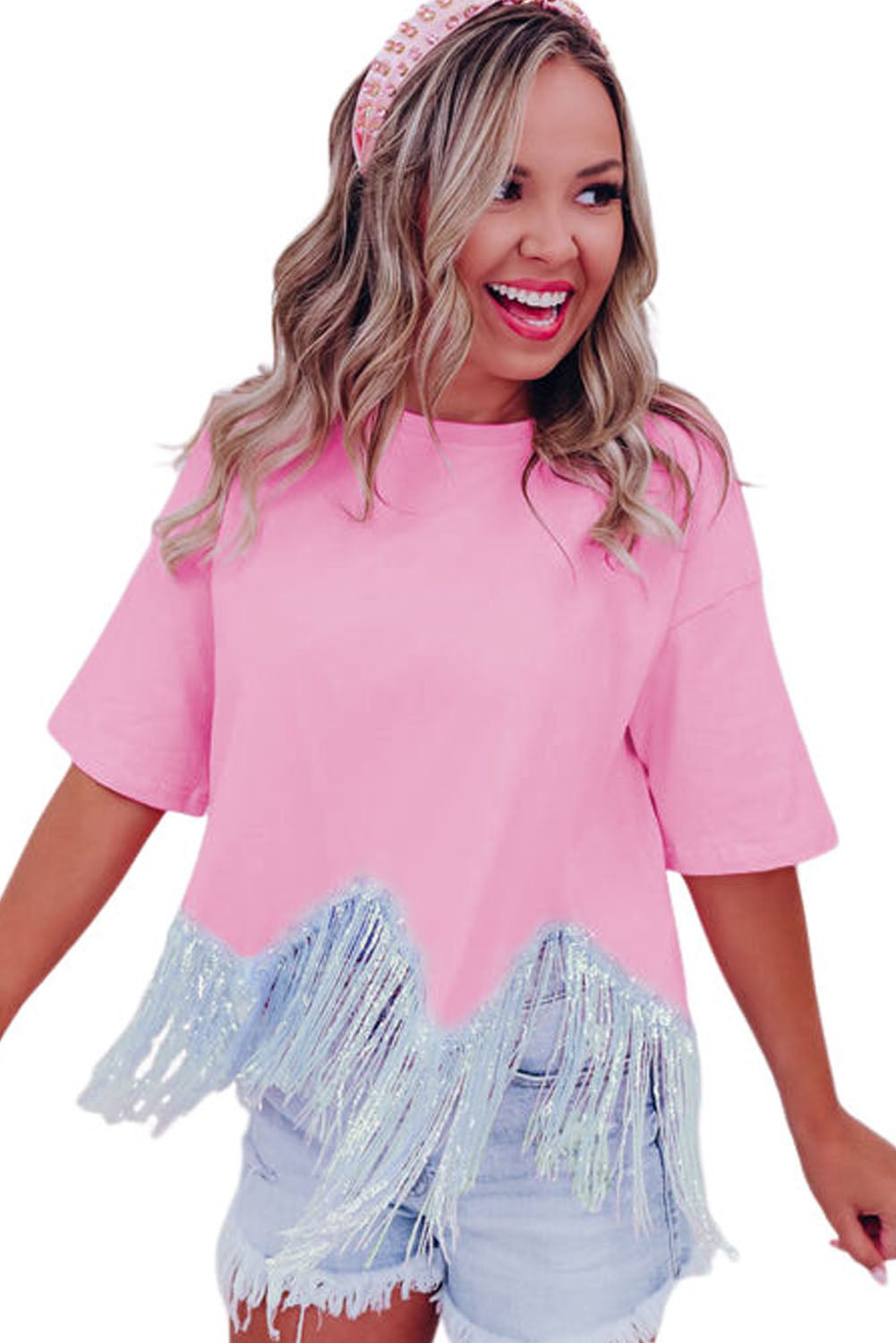 Pink Casual Fringe Sequin Hem Cropped T Shirt