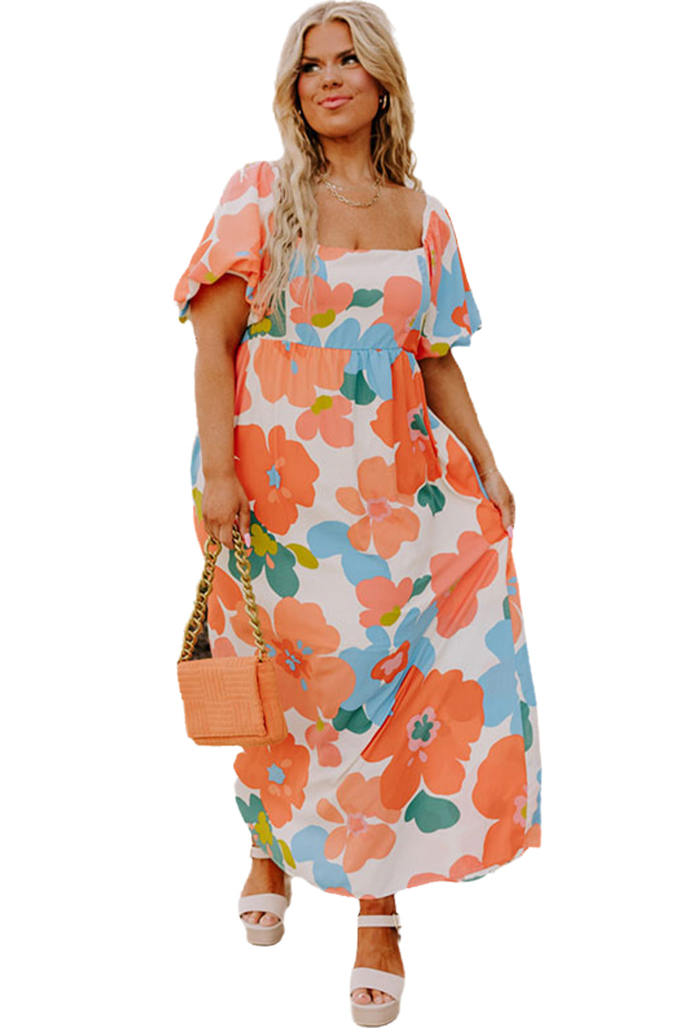 Orange Plus Size Floral Print Square Neck Maxi