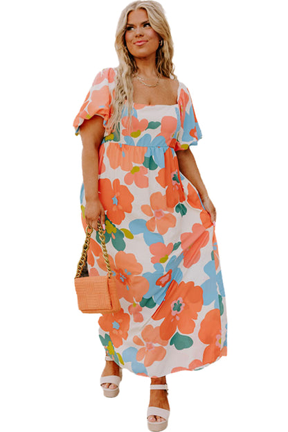 Orange Plus Size Floral Print Square Neck Maxi
