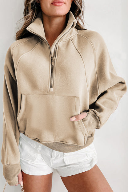 Smoke Green Zip Up Stand Collar Ribbed Thumbhole Sleeve Sweatshirt