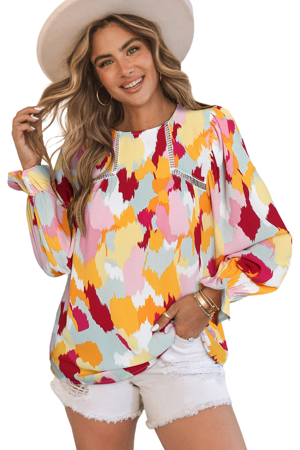 Multicolor Abstract Print Ruffle Puff Sleeve Blouse