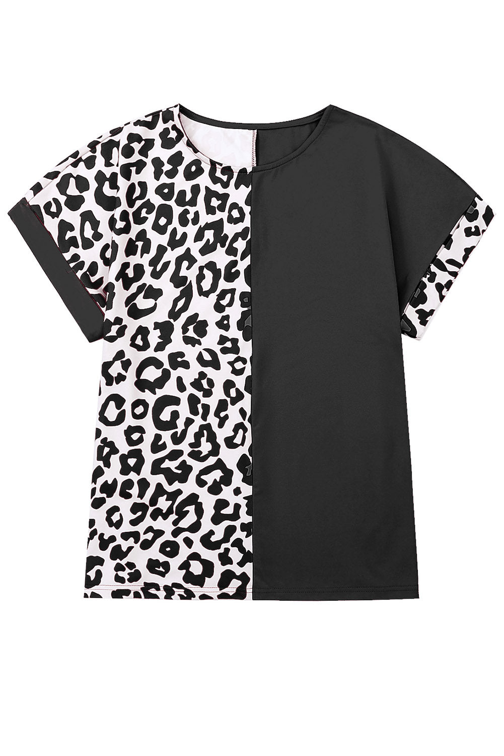 Leopard Color Block Casual Tee with Rolled Sleeves