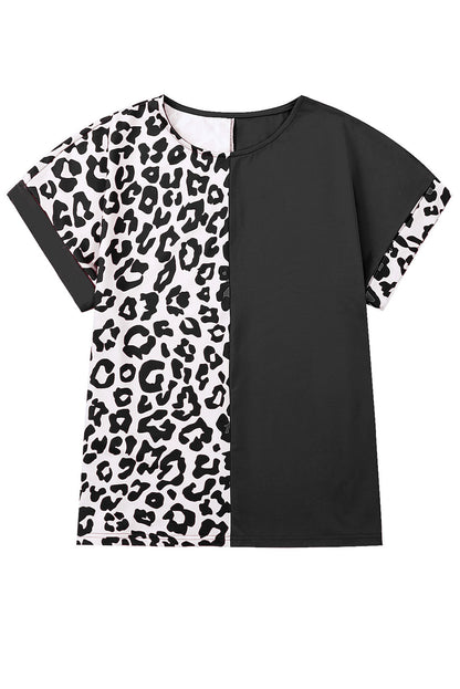 Leopard Color Block Casual Tee with Rolled Sleeves