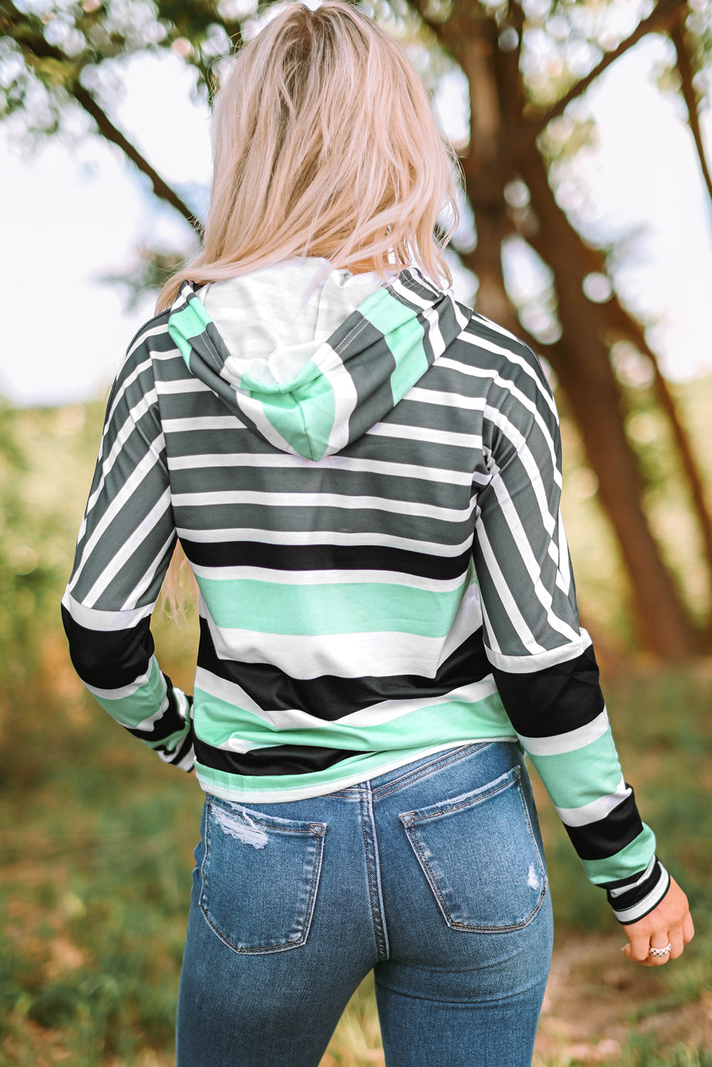 Blue Striped Color Block Drawstring Long Sleeve Hoodie