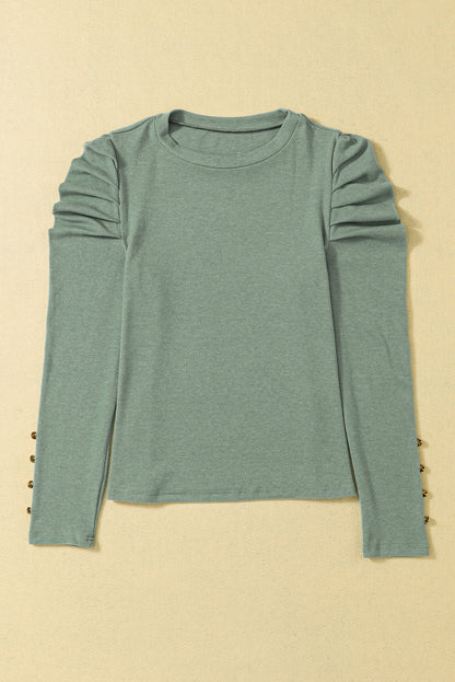 Gray Basic Buttoned Puff Long Sleeve Sheath Top
