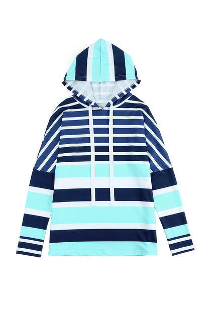 Blue Striped Color Block Drawstring Long Sleeve Hoodie
