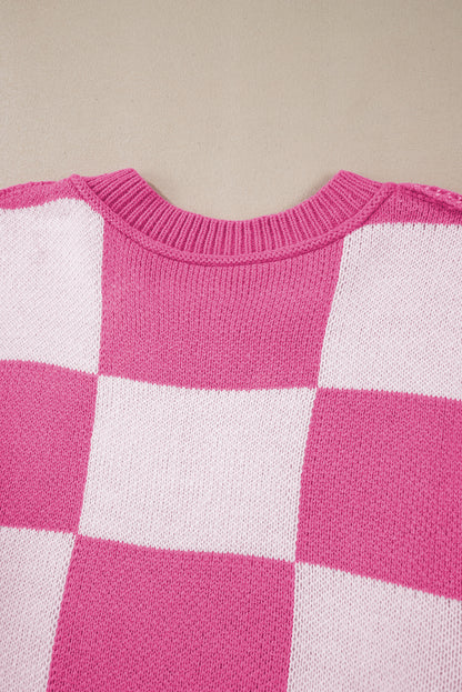 Pink Checked Bishop Sleeve Pullover Sweater