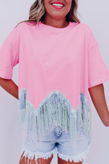 Pink Casual Fringe Sequin Hem Cropped T Shirt