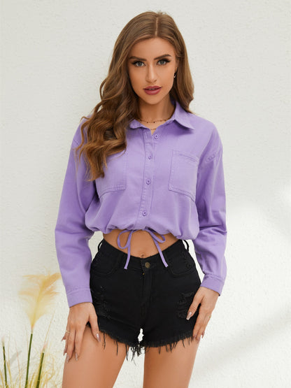 Collared Neck Long Sleeve Drawstring Shirt
