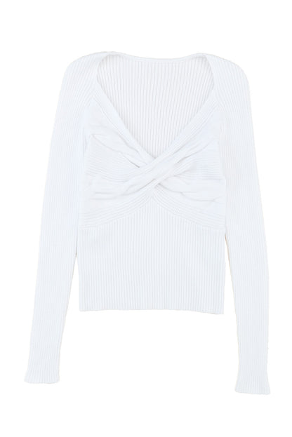 White Basic Cable Crossed V Neck Sweater