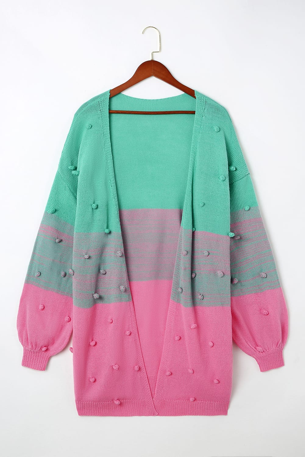 Rose Pompom Color Block Knit Open Front Cardigan