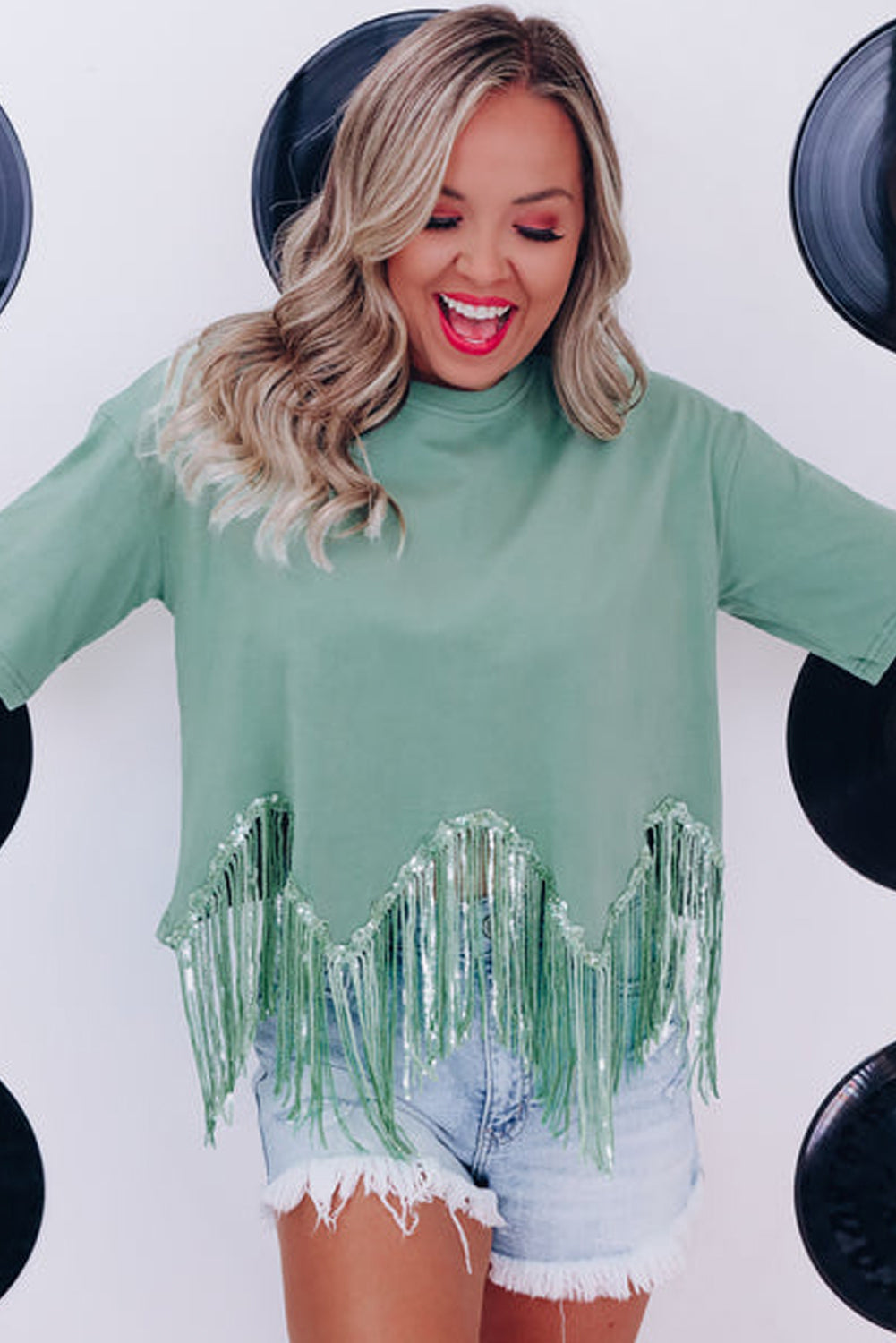 Pink Casual Fringe Sequin Hem Cropped T Shirt