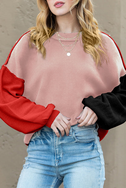 Brown Colorblock Bishop Sleeve Exposed Seam Ribbed Trim Sweater