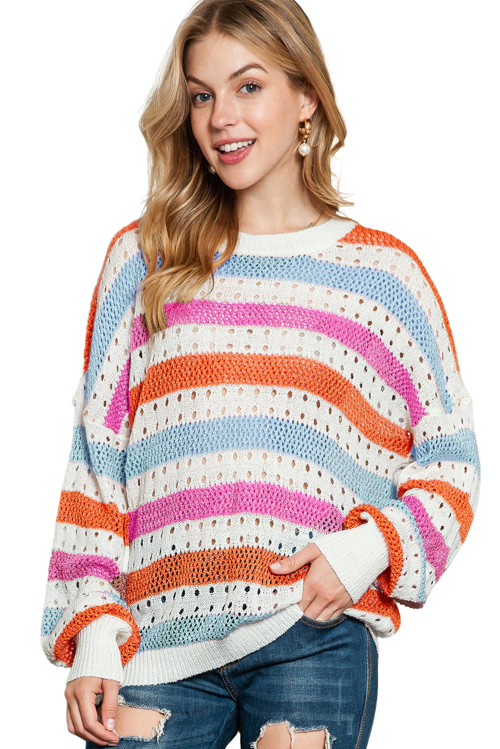 Multicolor Striped Hollowed Knitted Loose Sweater