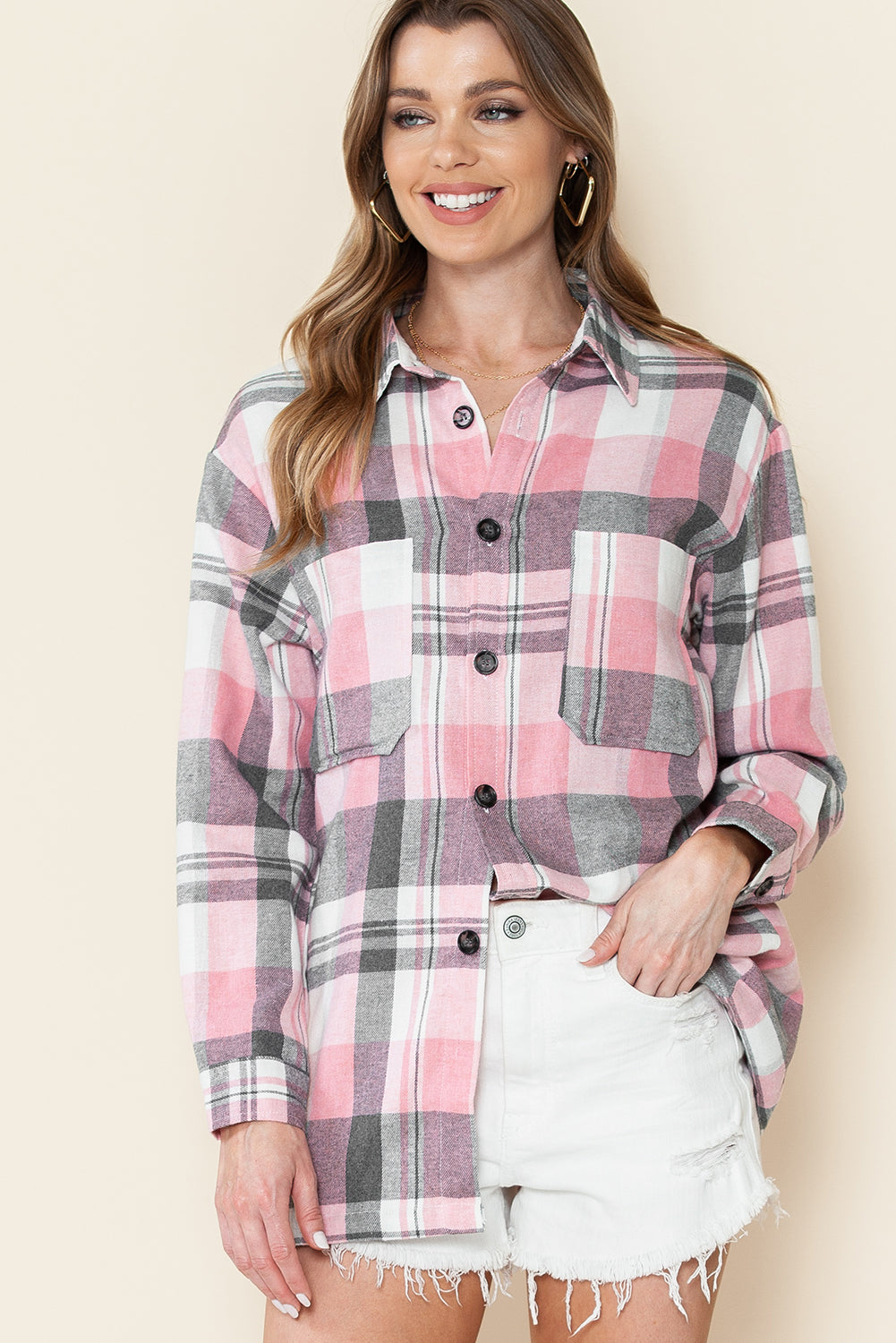 Pink Long Sleeve Collar Button Up Flannel Shacket