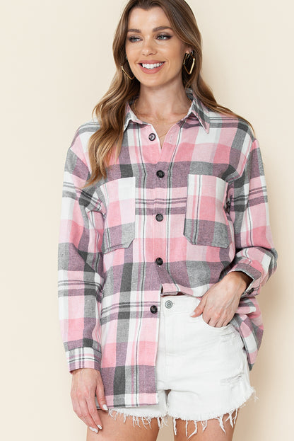 Pink Long Sleeve Collar Button Up Flannel Shacket