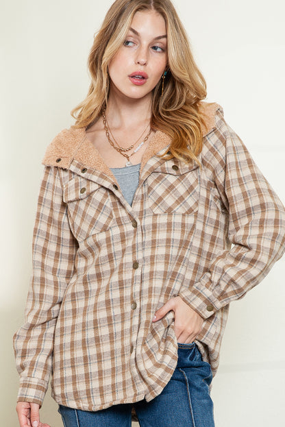Blue Snap Button Sherpa Lined Hooded Flannel Jacket