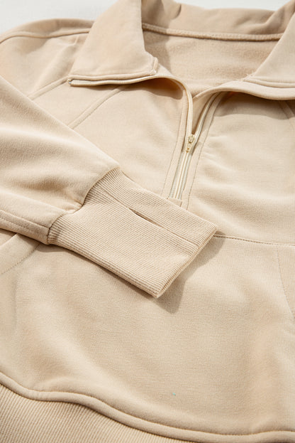 Smoke Green Zip Up Stand Collar Ribbed Thumbhole Sleeve Sweatshirt