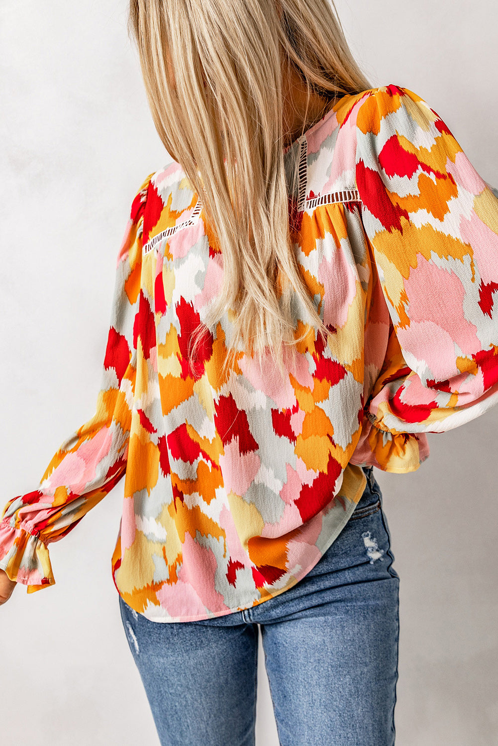 Multicolor Abstract Print Ruffle Puff Sleeve Blouse