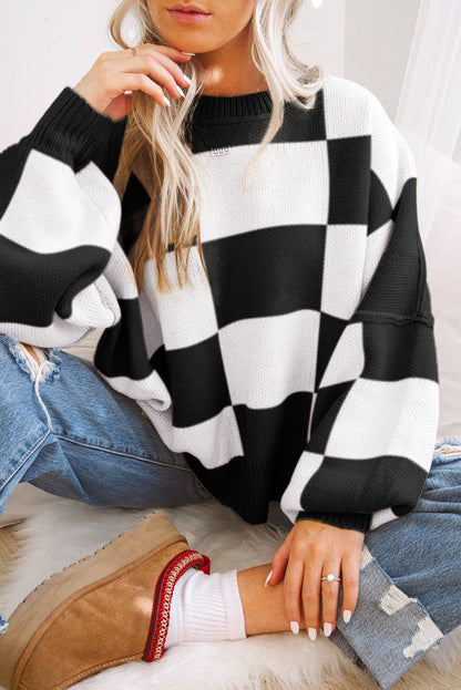 Pink Checked Bishop Sleeve Pullover Sweater