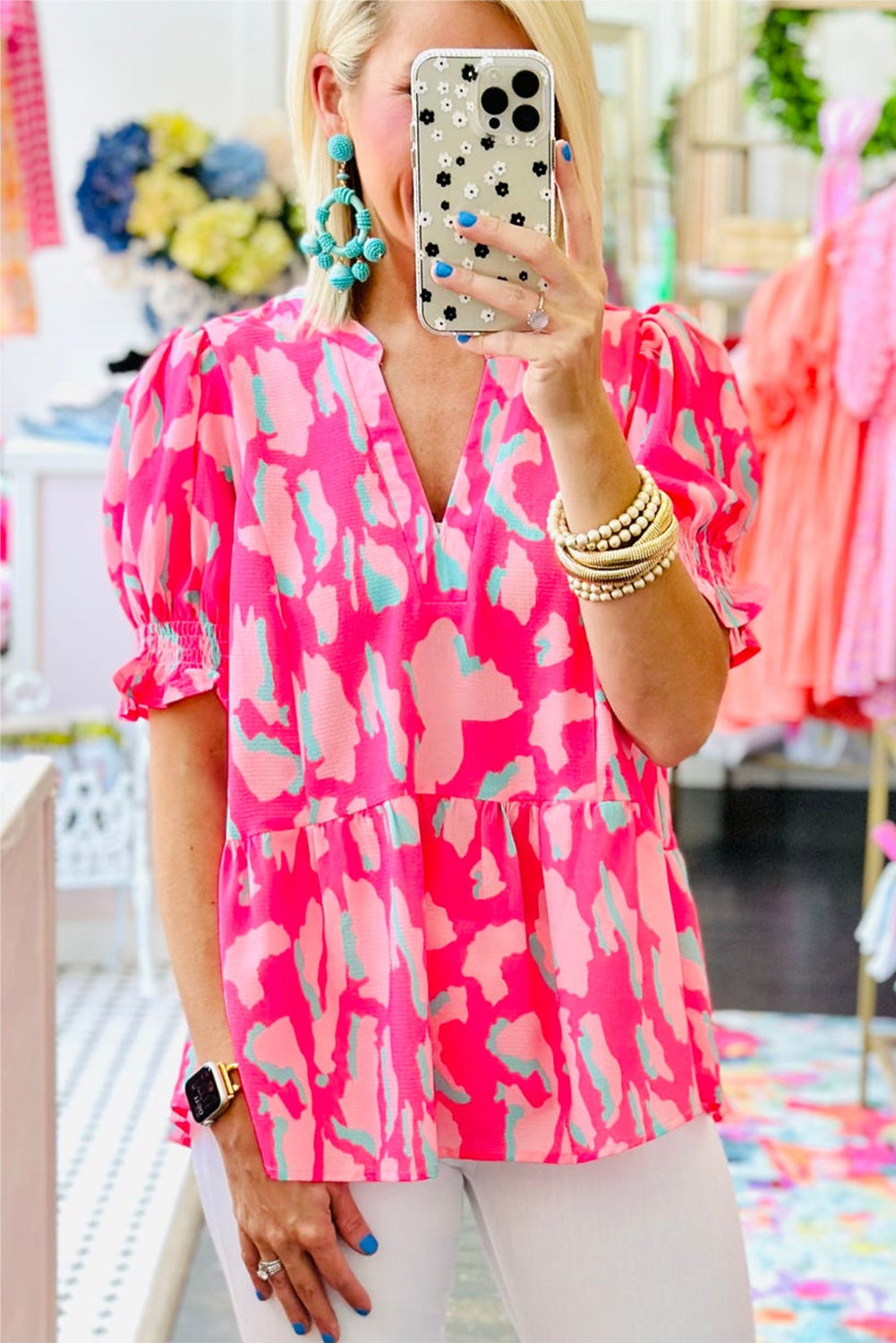 Rose Abstract Print Smock Puff Sleeve V Neck Blouse