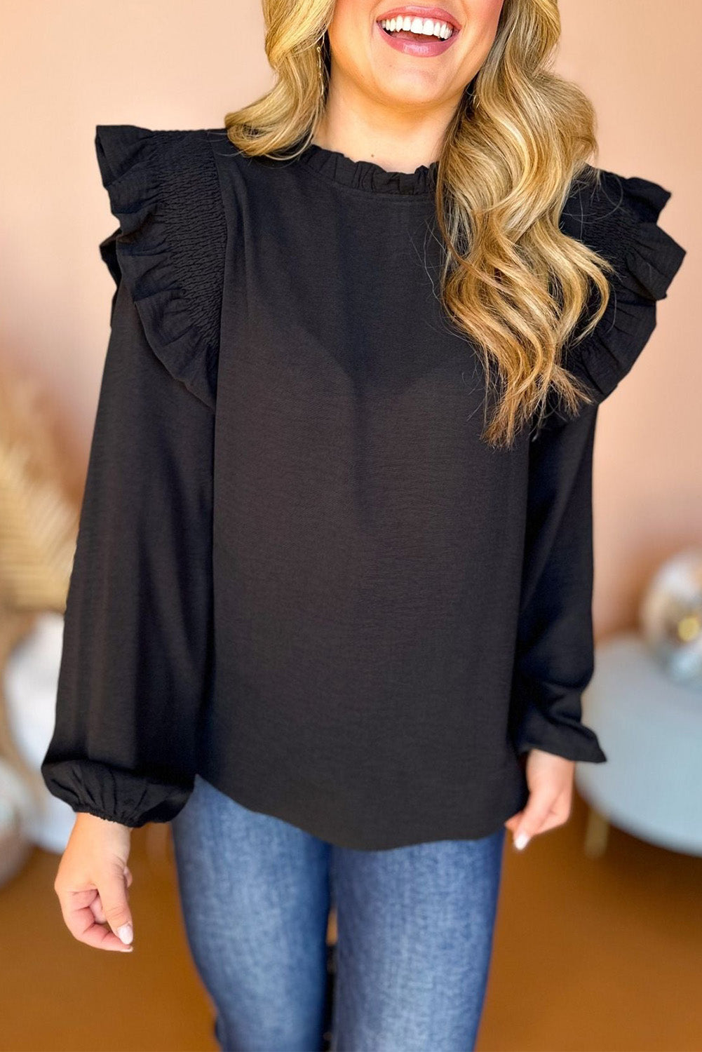 White Frilled Neck Ruffle Trim Bubble Sleeve Blouse