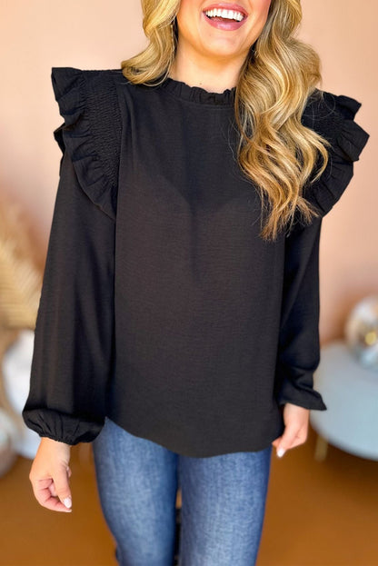White Frilled Neck Ruffle Trim Bubble Sleeve Blouse