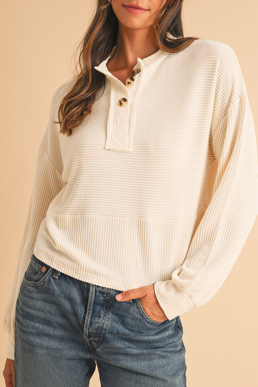 Apricot Textured Lantern Sleeve Henley Top