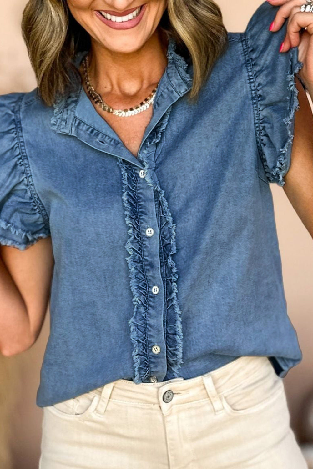 Ashleigh Blue Frayed Denim Top with Ruffled Flutter