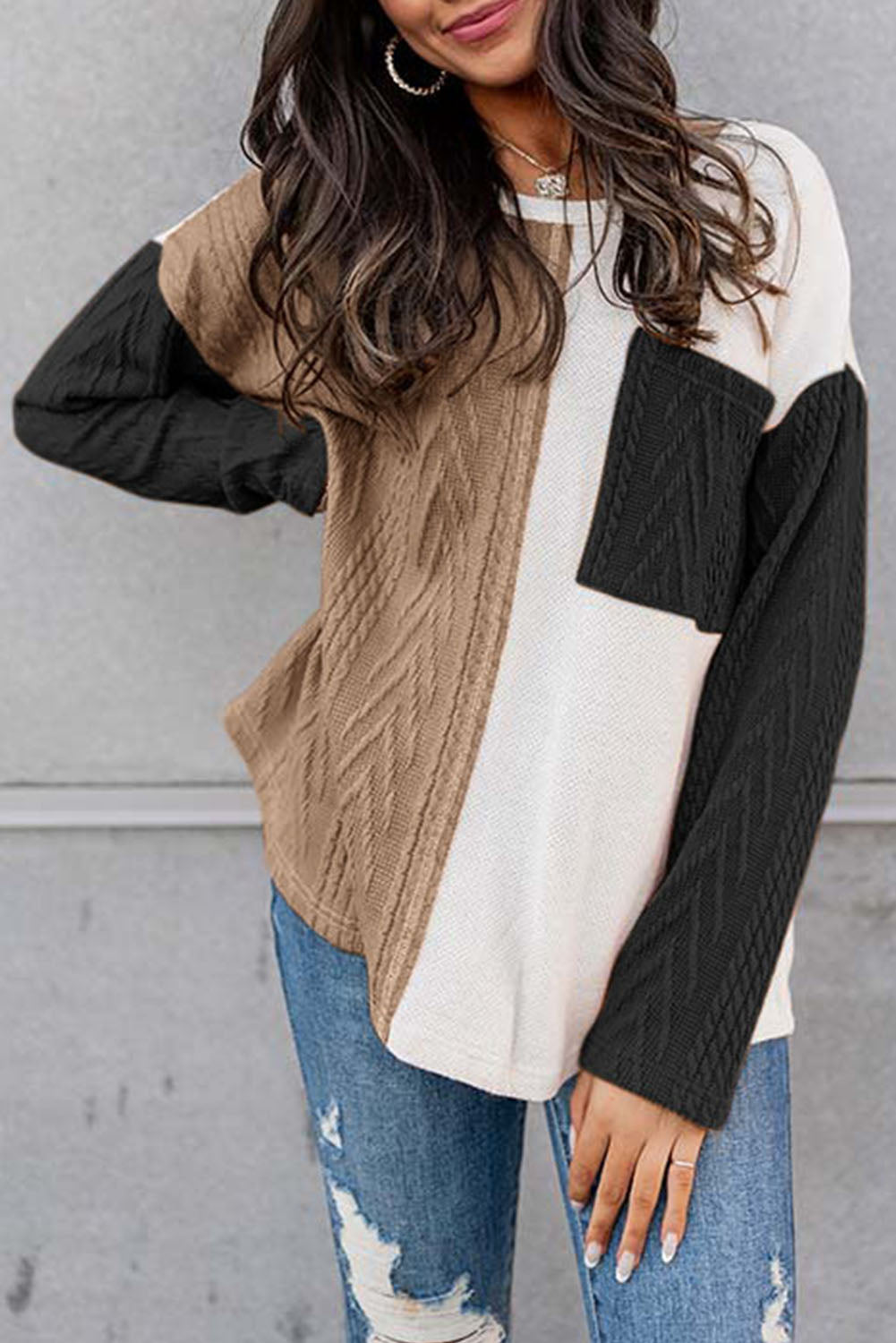 Black Colorblock Knit Top with Pocket