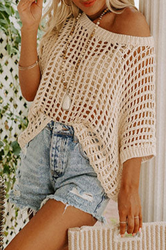 Black Fishnet Knit Short Sleeve Ribbed Tee