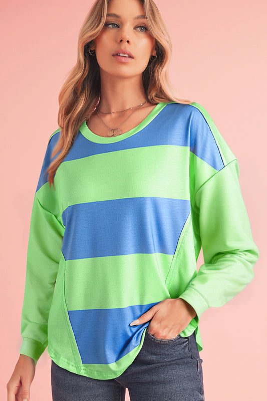 Blue Green Colorblock Drop Sleeve Round Neck Top