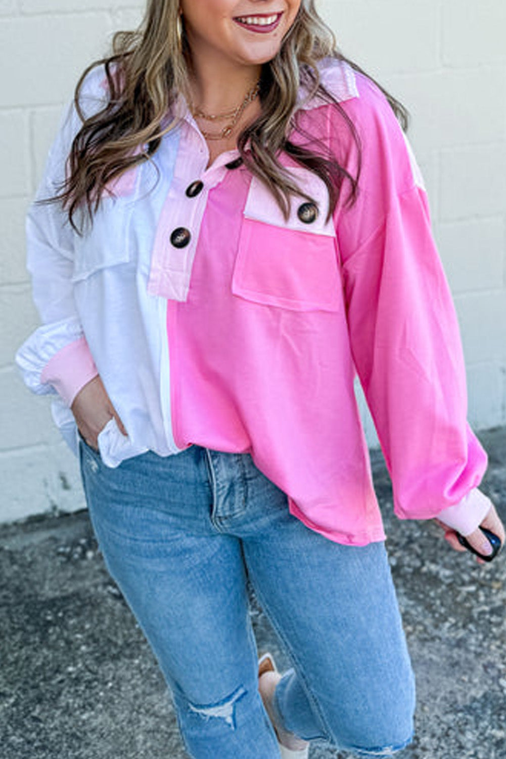 Bonbon Patchwork Pockets Half Button Plus Size Sweatshirt
Success
