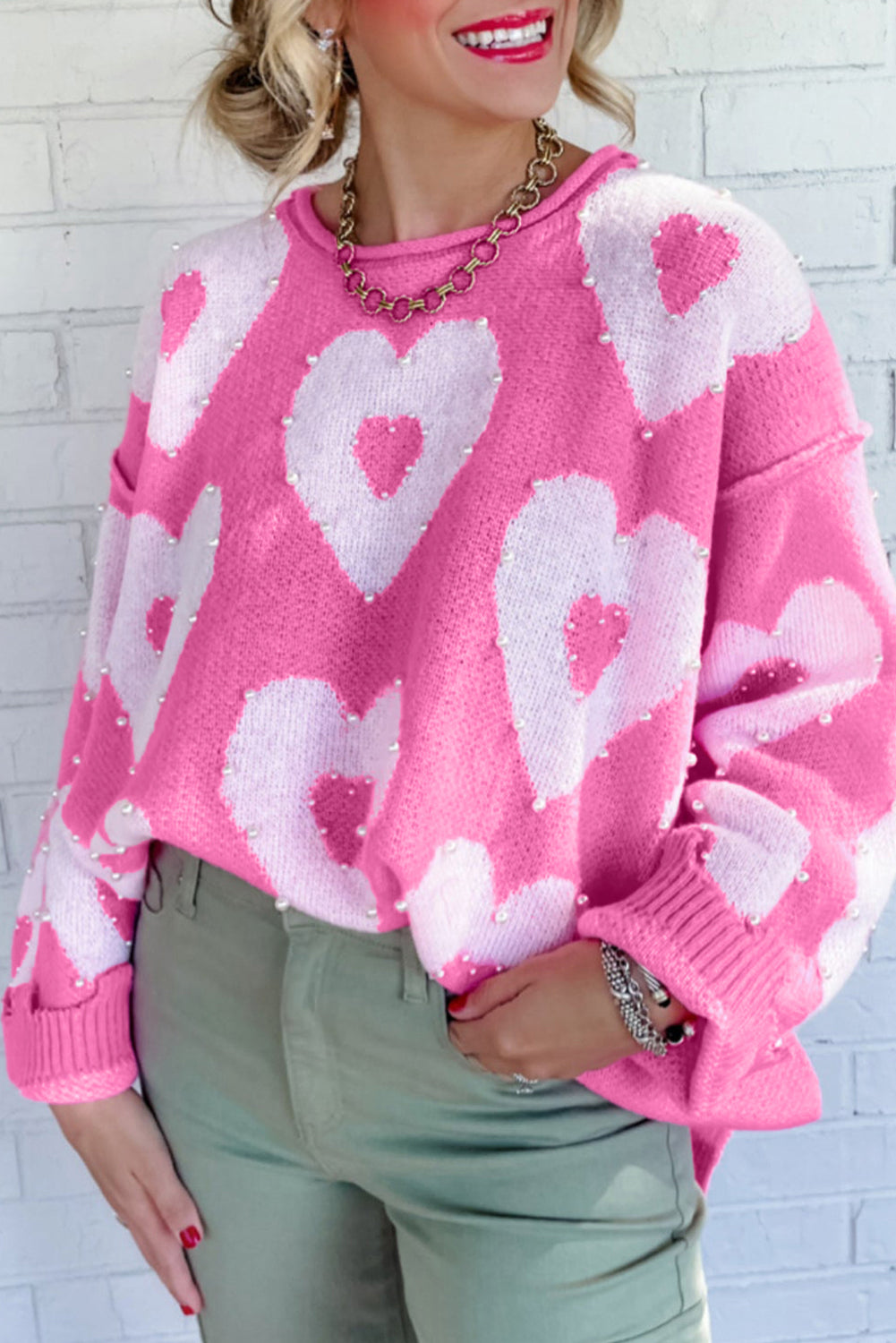 Bonbon Pearl Beaded Heart Drop Shoulder Sweater
Success

