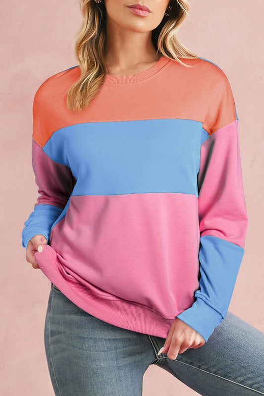 Bright Pink Colorblock Drop Shoulder Sweatshirt
