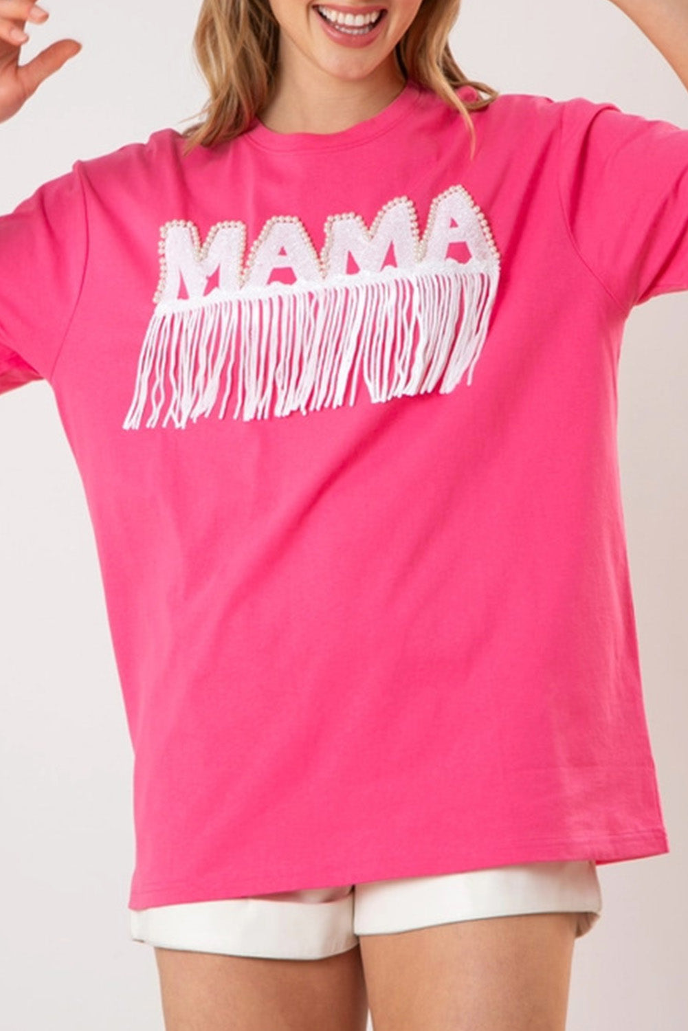 Bright Pink Fringe Trim Beaded MAMA Patch Oversized T Shirt
Success
